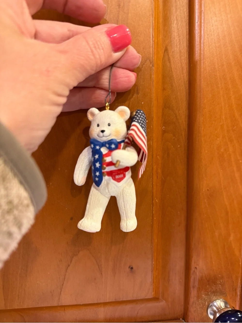 Patriotic Bear with Flag Christmas July 4th ornament in Red, White & Blue 2001